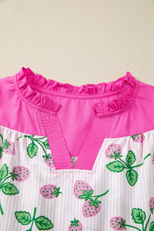 Strawberry print cotton blend blouse with color block pink top and ruffled neckline.