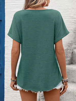 Dark green relaxed fit t-shirt with cuffed short sleeves and lace trim detail.