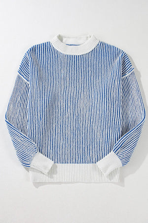 Light blue and white striped knit drop-shoulder sweater with crew neck and ribbed cuffs.