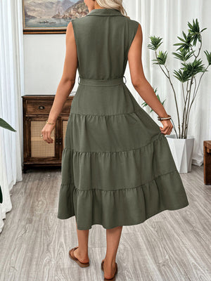 Sleeveless olive green button-down midi dress with tiered skirt and belt