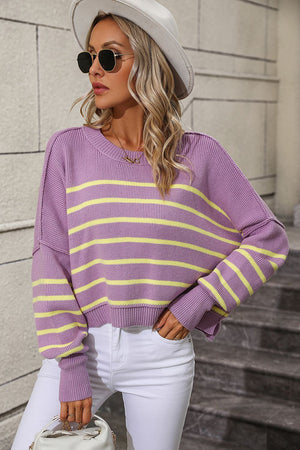 Lavender and yellow striped boxy knit sweater with crew neck and dropped shoulders.