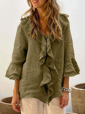 Olive green linen blouse with ruffled front and flared sleeves