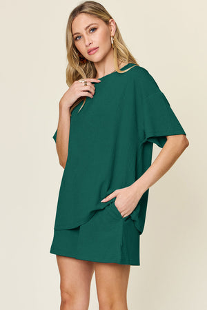 Deep Teal waffle knit boxy tee and shorts set with crew neck and short sleeves.