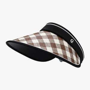 Gingham visor with adjustable strap in caramel and white, featuring a black band with a white logo.