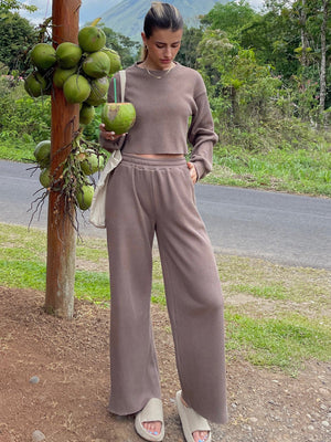 Mocha waffle knit cropped lounge set with wide leg pants and crewneck top.