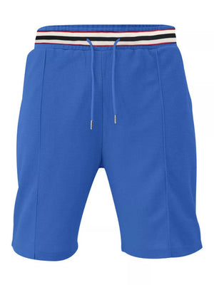 Blue textured chino shorts with drawstring and striped waistband.