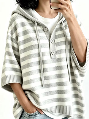 Striped Hooded Sweater With Button Detail in Blue, model styling view