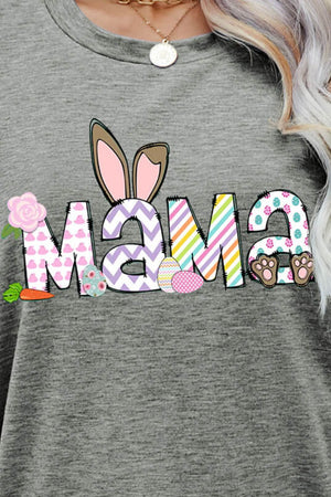 Heather Gray graphic tee with Easter Mama bunny ears, eggs, carrot, and paw print design.