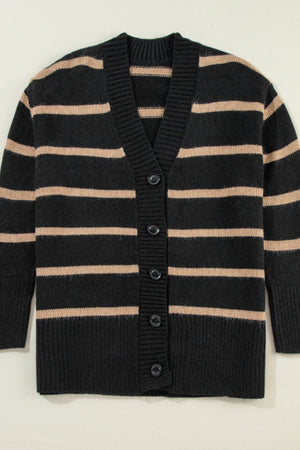 Black and beige striped acrylic button-down cardigan with V-neck and ribbed trim.
