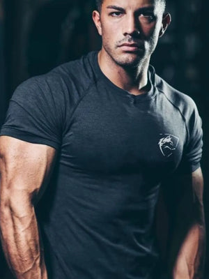Performance raglan tee in dark gray with a white emblem on the chest.
