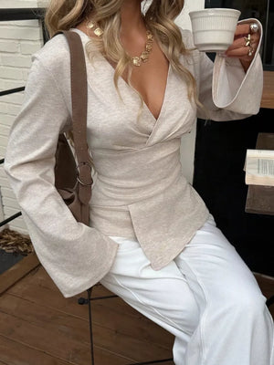 Elegant V-neck Wrap Asymmetrical Blouse in Milky White, view 13
