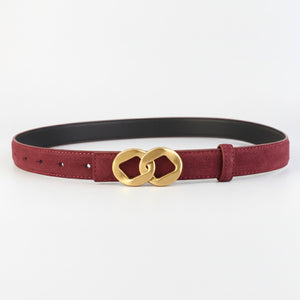 Burgundy suede belt with interlocking gold buckle