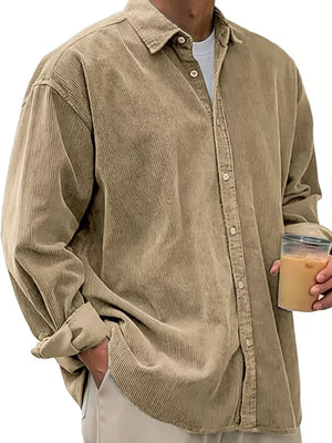 Khaki corduroy button-up shirt for men with a classic fit and buttoned front.