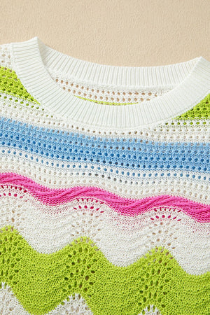 Scalloped crochet tee with colorblock stripes in white, green, blue, and pink.