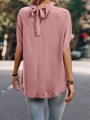 Textured dot back-tie blouse in Dusty Pink with short sleeves and a keyhole back detail.