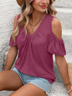 Burgundy ruched cold shoulder t-shirt with V-neck and short ruffled sleeves.