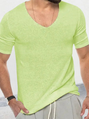 Light green textured knit tee with a subtle V-neck and short sleeves.