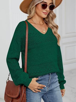 Diamond Eyelet Knit V-Neck Sweater in Peacock Blue with long sleeves and a relaxed fit.