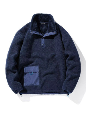 Navy fleece pullover sweatshirt with snap collar and chest pocket