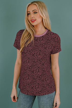 Spotted print crew neck t-shirt in dusty pink with black spots and contrast neckline.