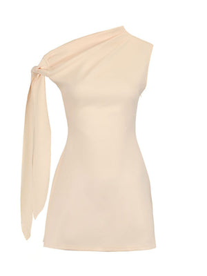 Apricot one-shoulder mini dress with asymmetrical bowknot detail