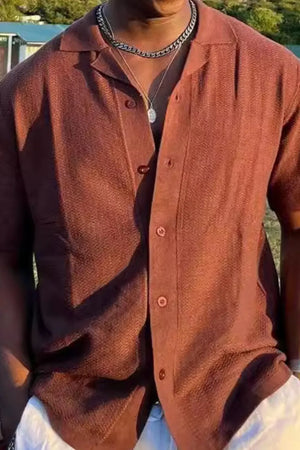 Textured Terracotta Cuban collar short sleeve shirt with button front and subtle herringbone pattern.