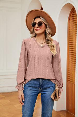 Dusty pink perforated sleeve blouse with ruffle cuffs and V-neck