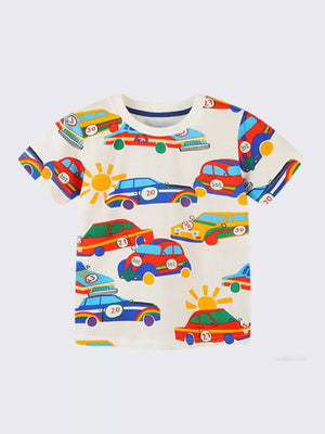 Toddler cotton t-shirt with colorful racing car print and sun graphic.