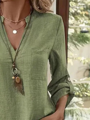 Casual V-neck Roll-sleeve T-shirt With Pocket in Khaki, view 12