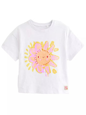 White cotton t-shirt with playful cartoon sun graphic, short sleeves, and crew neck.