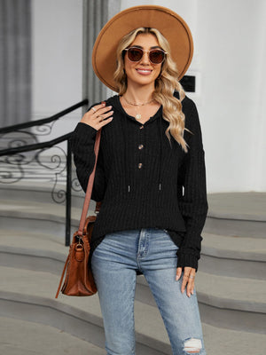 Black ribbed knit henley hoodie with buttons and drawstring hood