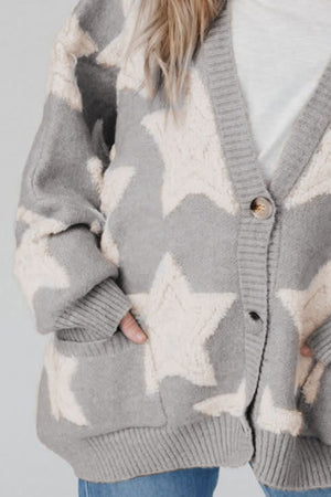 Gray starburst knit cardigan with button front and pockets