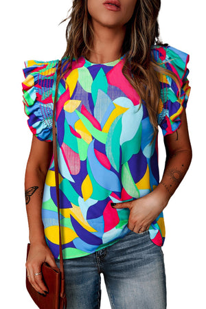 Multicolor blouse with abstract leaf print and ruffled butterfly sleeves.