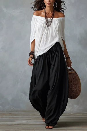 Off-shoulder Top And Wide-leg Pants Set Plus Size in Gray, model styling view