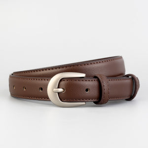 Brown cowhide leather skinny belt with silver buckle