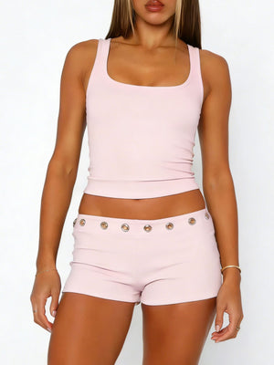 Pink ribbed tank top and shorts set with eyelet detail on shorts