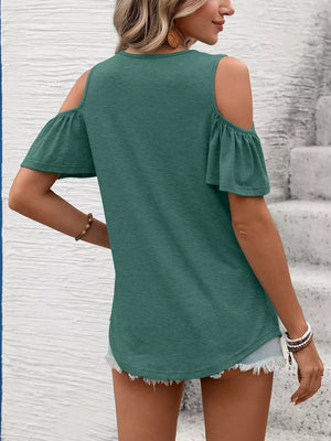 Dark green ruched cold shoulder t-shirt with ruffled short sleeves.