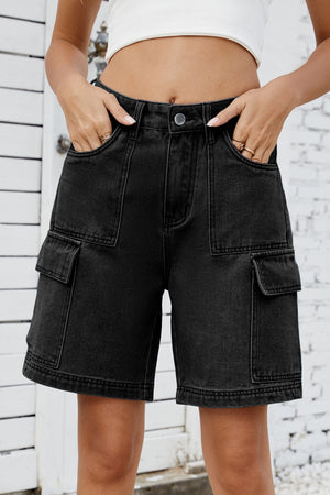 Black denim utility shorts with cargo pockets and a casual cut.