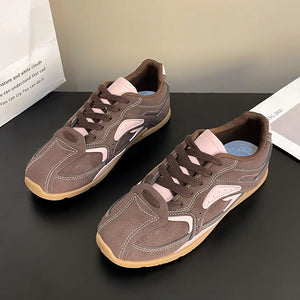 Retro Runner Panel Sneakers in brown with pink and white accents, lace-up closure.