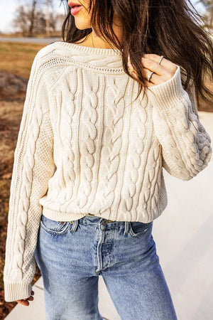 Drop Shoulder Round Neck Cable Knit Sweater in Cream, alternate angle