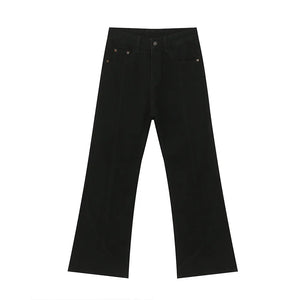 Black denim flare jeans with panel seams