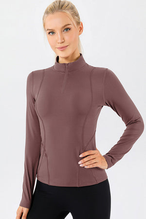 Athleisure zip-neck long sleeve top in Dusty Pink with seam details
