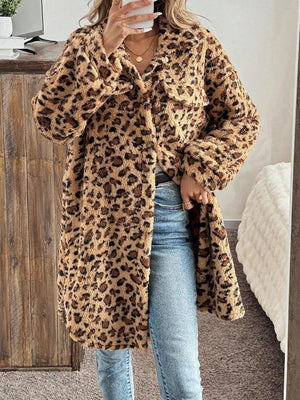 Leopard print shaggy button-down duster coat with pockets and collar.