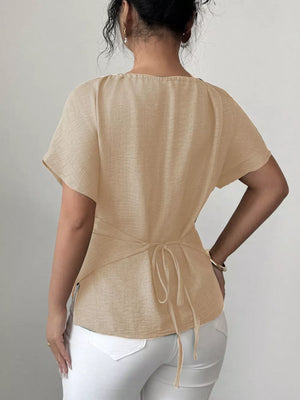 Apricot short sleeve maternity blouse with tie back detail