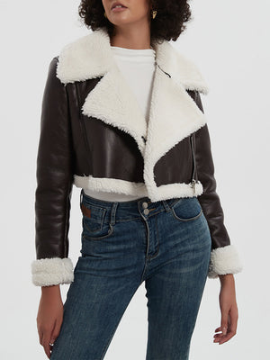 Brown cropped aviator jacket with white shearling trim and collar
