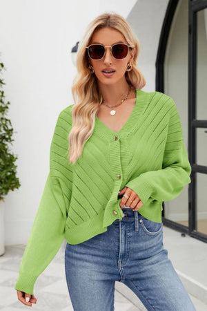 Yellow-green textured stitch cropped V-neck cardigan with button front.