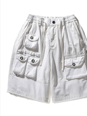 White men's cargo shorts with multiple pockets and drawstring waist.