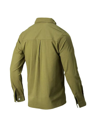 Olive green Oxford button-down shirt with relaxed fit and back pleats.