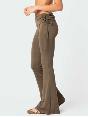 Drawstring waist flare trousers in coffee brown with a ruched detail and tie.