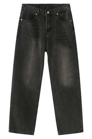 Dark wash denim jeans with pockets and a relaxed fit.